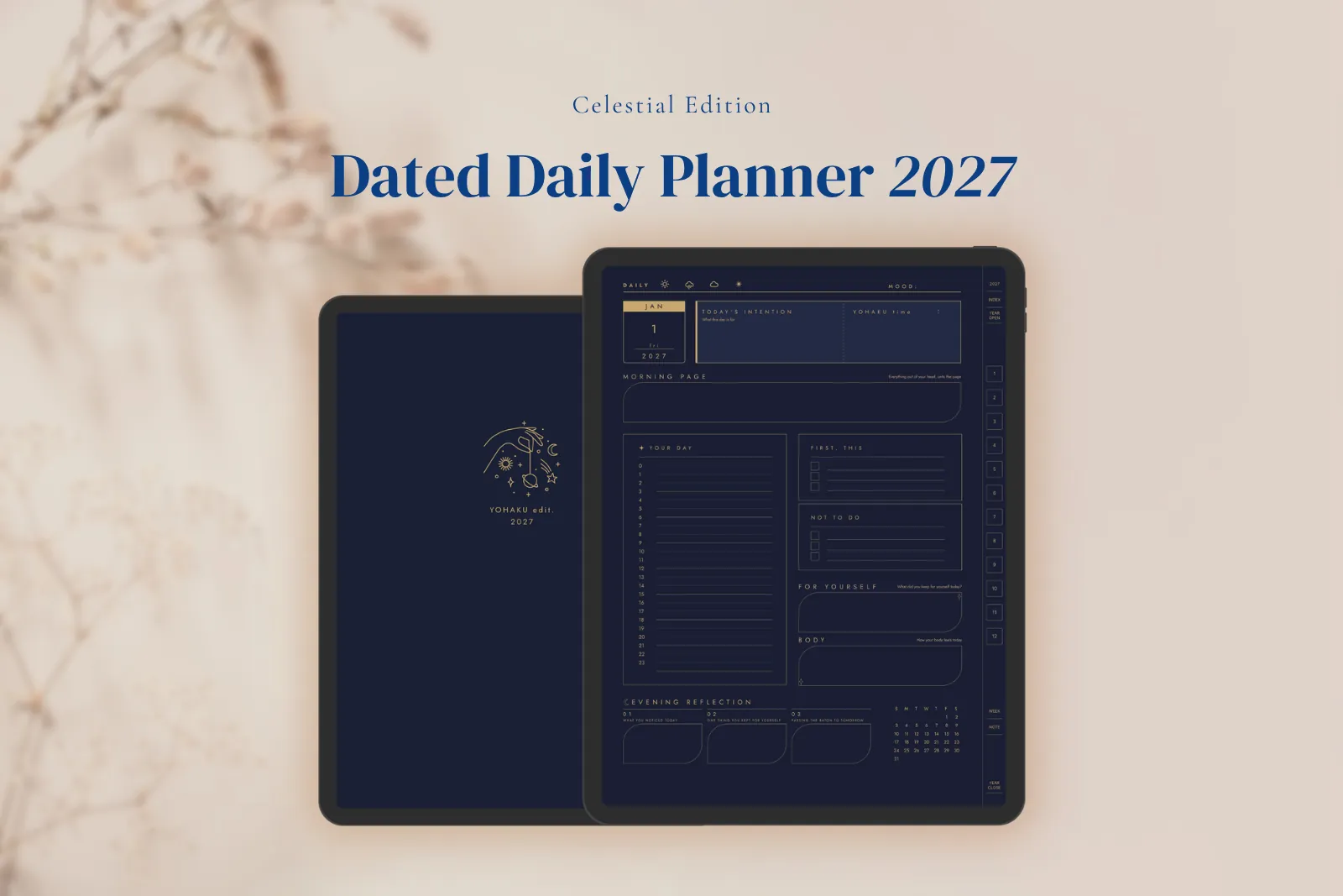 The YOHAKU edit 2027 Dated Daily Planner, Celestial Edition — its deep navy cover and a daily page shown on two iPads