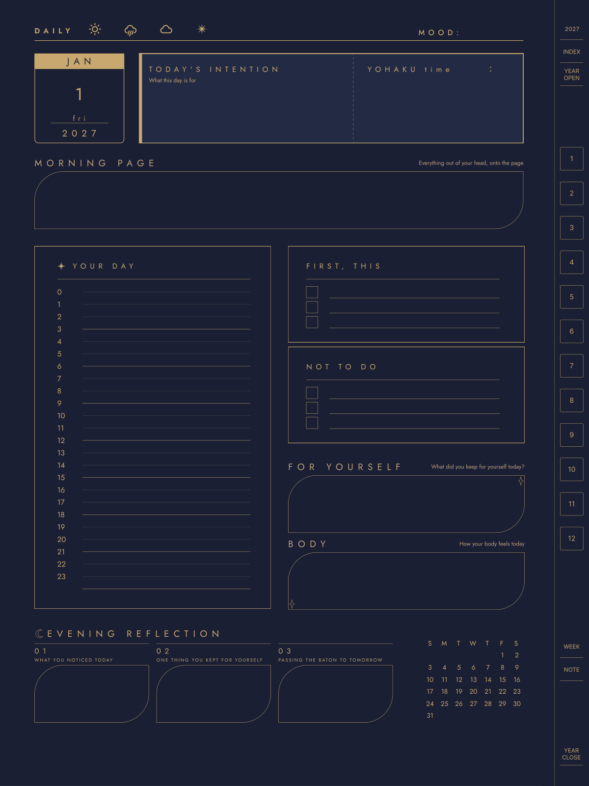 YOHAKU edit daily page — a calm dark layout with room for your intention and YOHAKU time